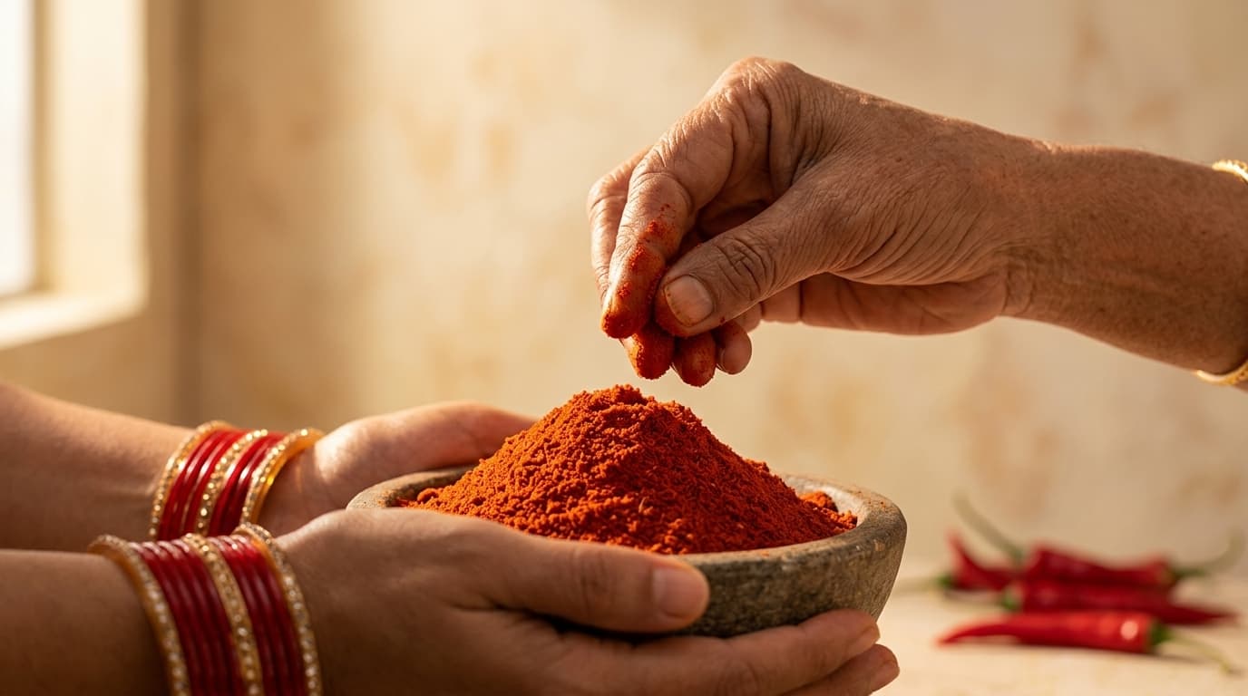 Hands holding freshly ground chilli powder by Vanruchi